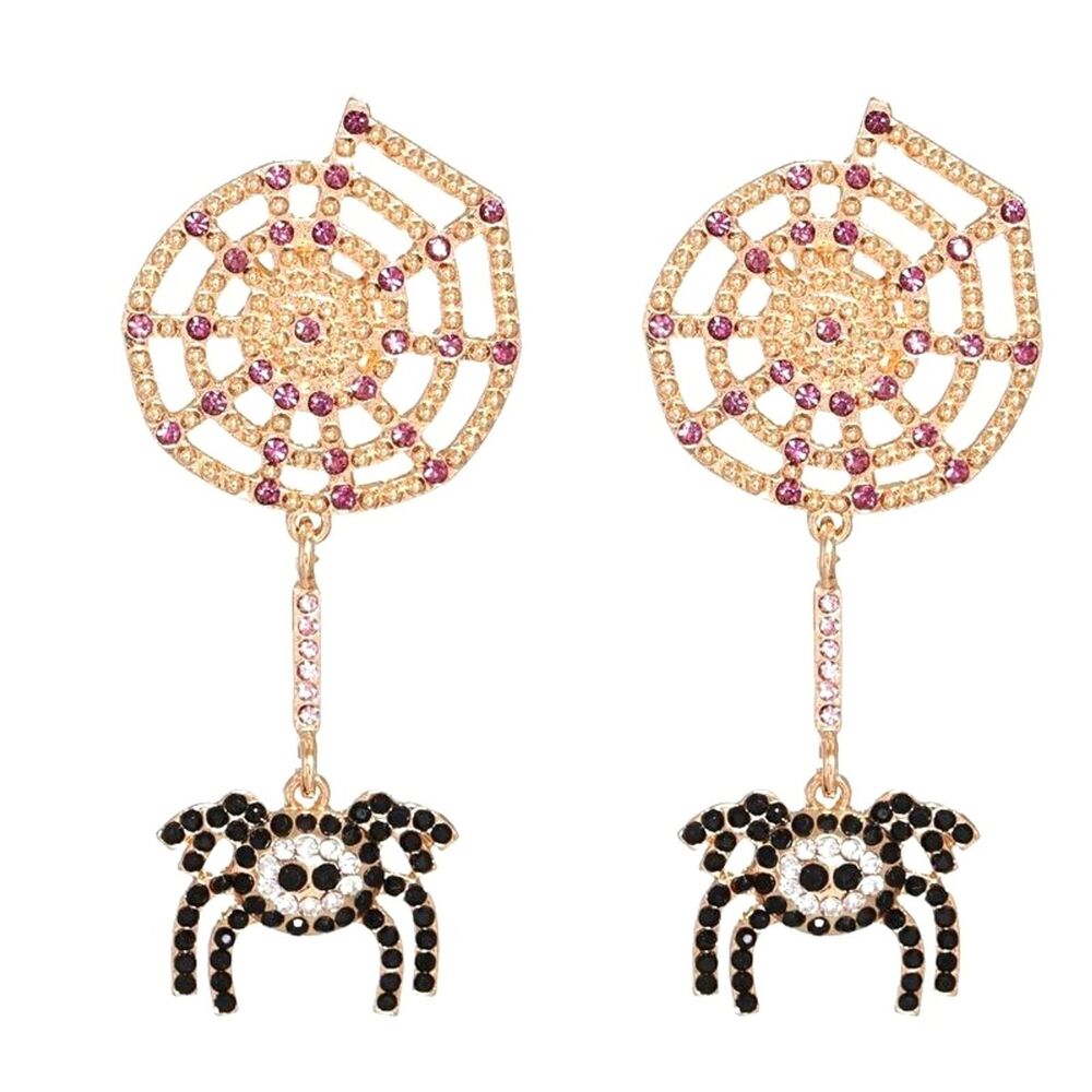 Halloween Earrings, Rhinestone Spider Dangling on Web, Black/Gold/Purple - 2.75"